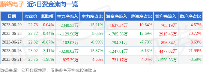 行情快报：顺络电子（002138）6月29日主力资金净卖出234053万元亿博电竞 亿博官网(图1)